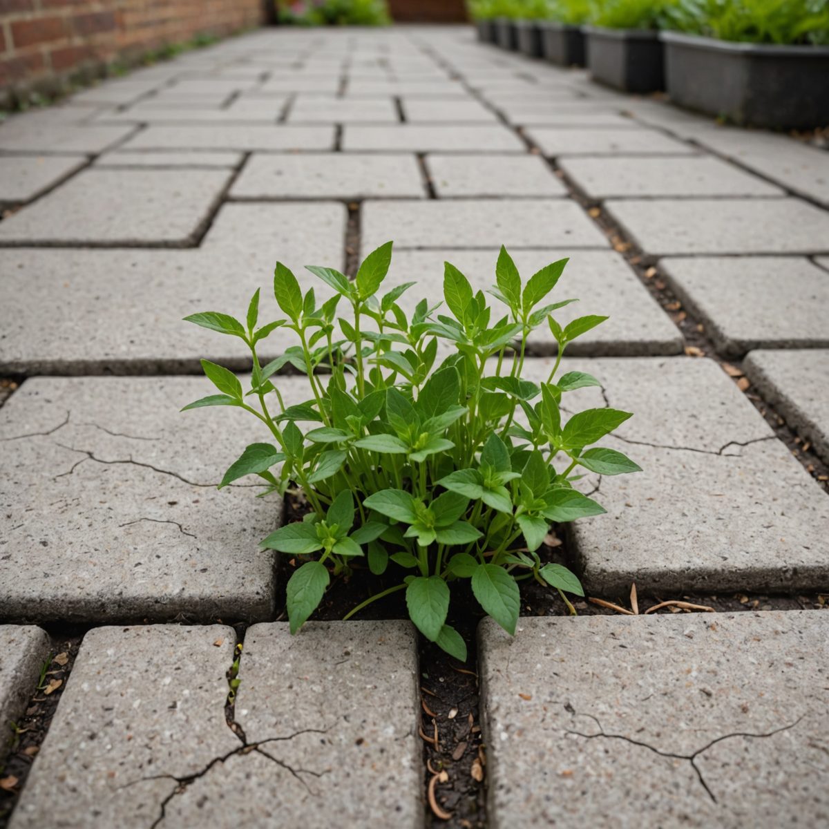 Small weed seedlings in paving cracks