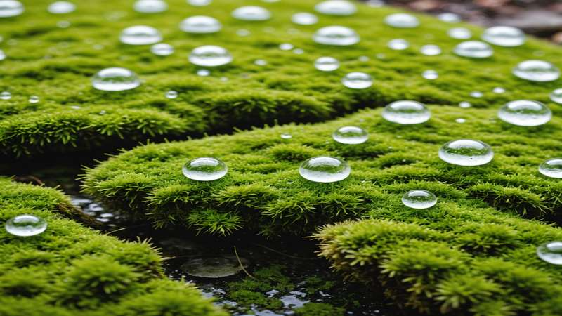 Soapy water and foam bubbles on moss surface