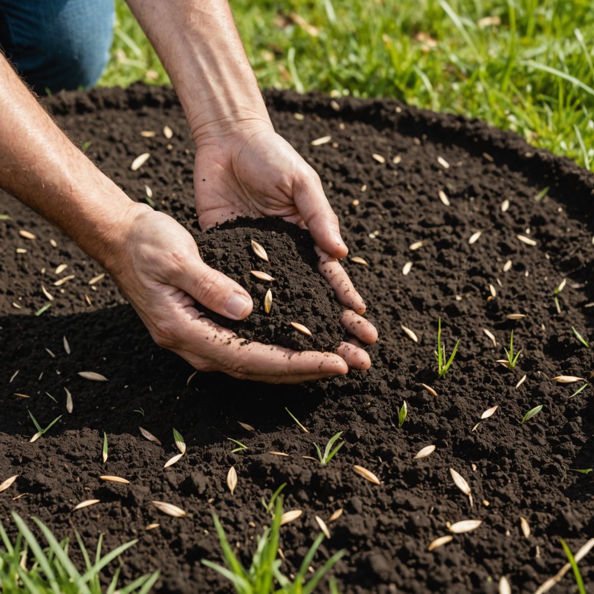 Hand sowing grass seed over prepared soil