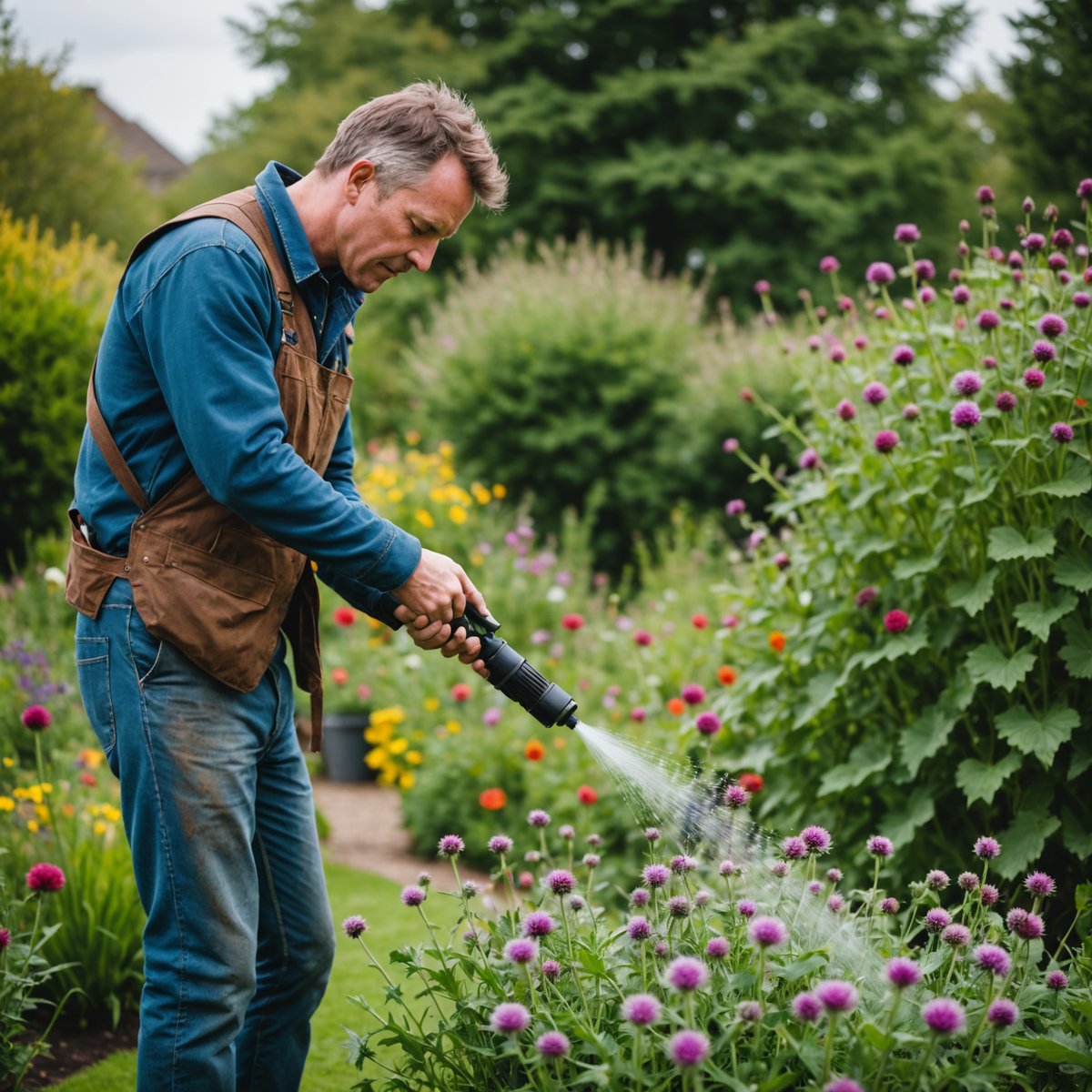 Gardener spraying thistle rosettes with pump sprayer in UK garden