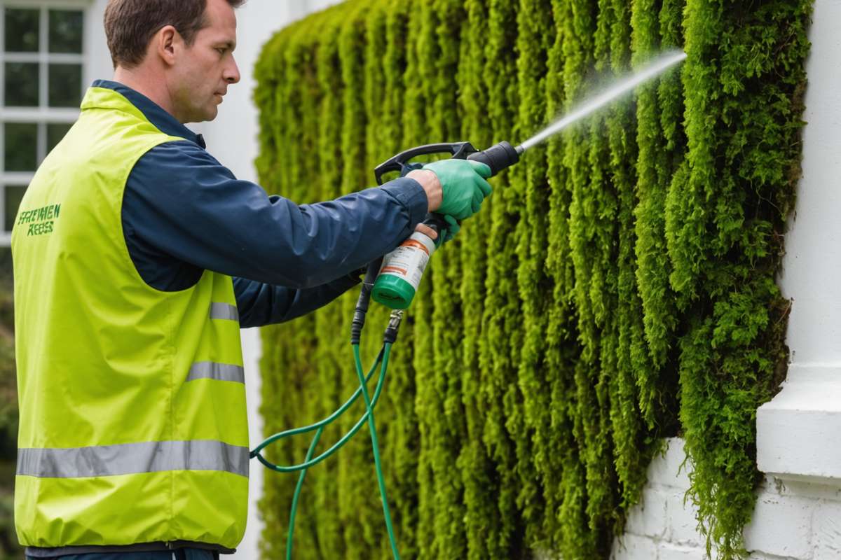 Applying moss killer treatment to rendered exterior wall with pump sprayer
