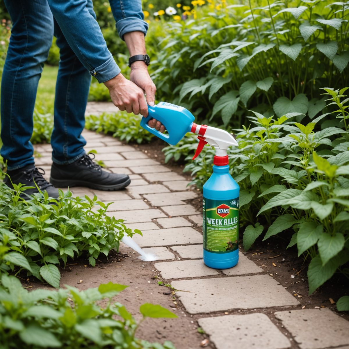 Spraying homemade weed killer on path weeds