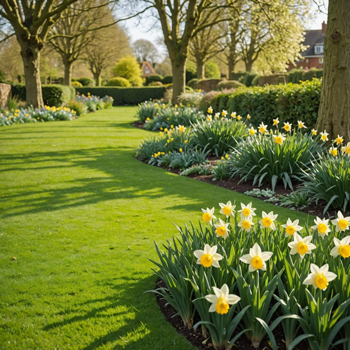 Healthy green lawn in early spring with daffodils at the border after successful dormant seeding