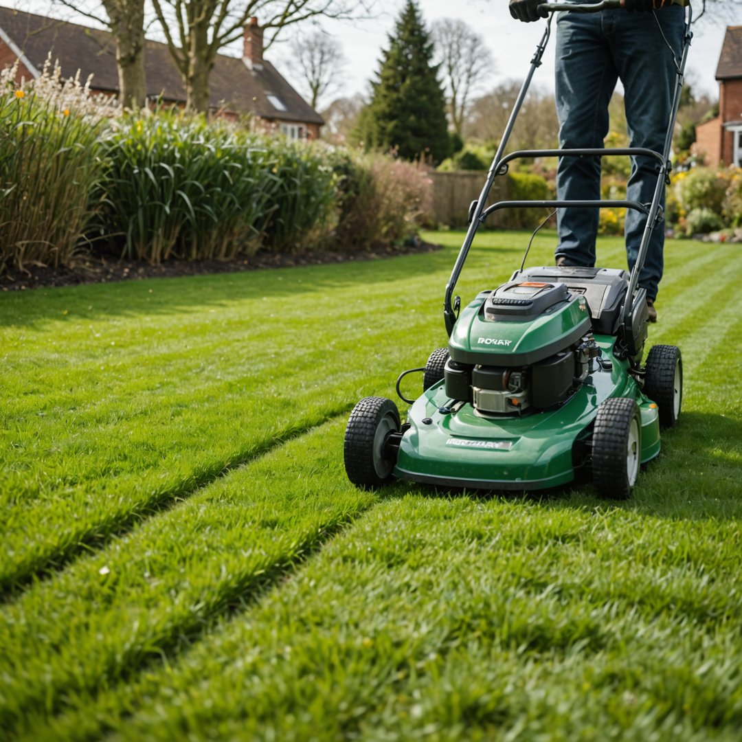 First mow of spring on UK garden lawn in March