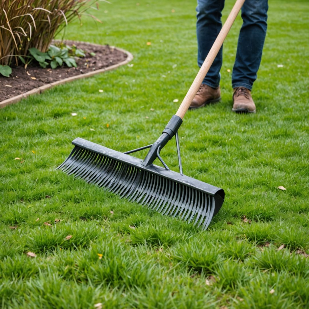 Raking lawn debris and leaves in spring