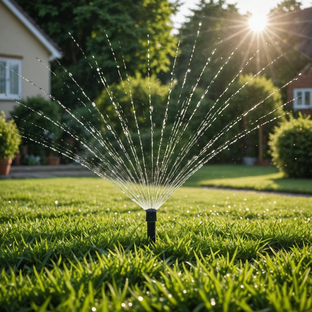 Sprinkler watering lawn in early morning summer