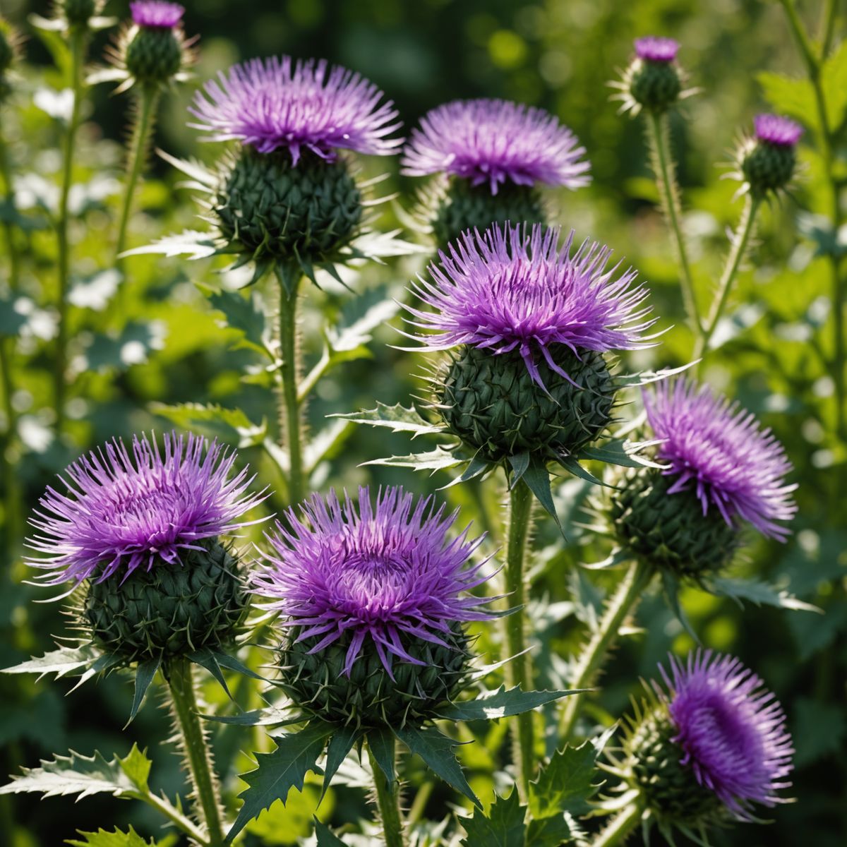 Creeping thistles with purple flowers invading a UK garden border
