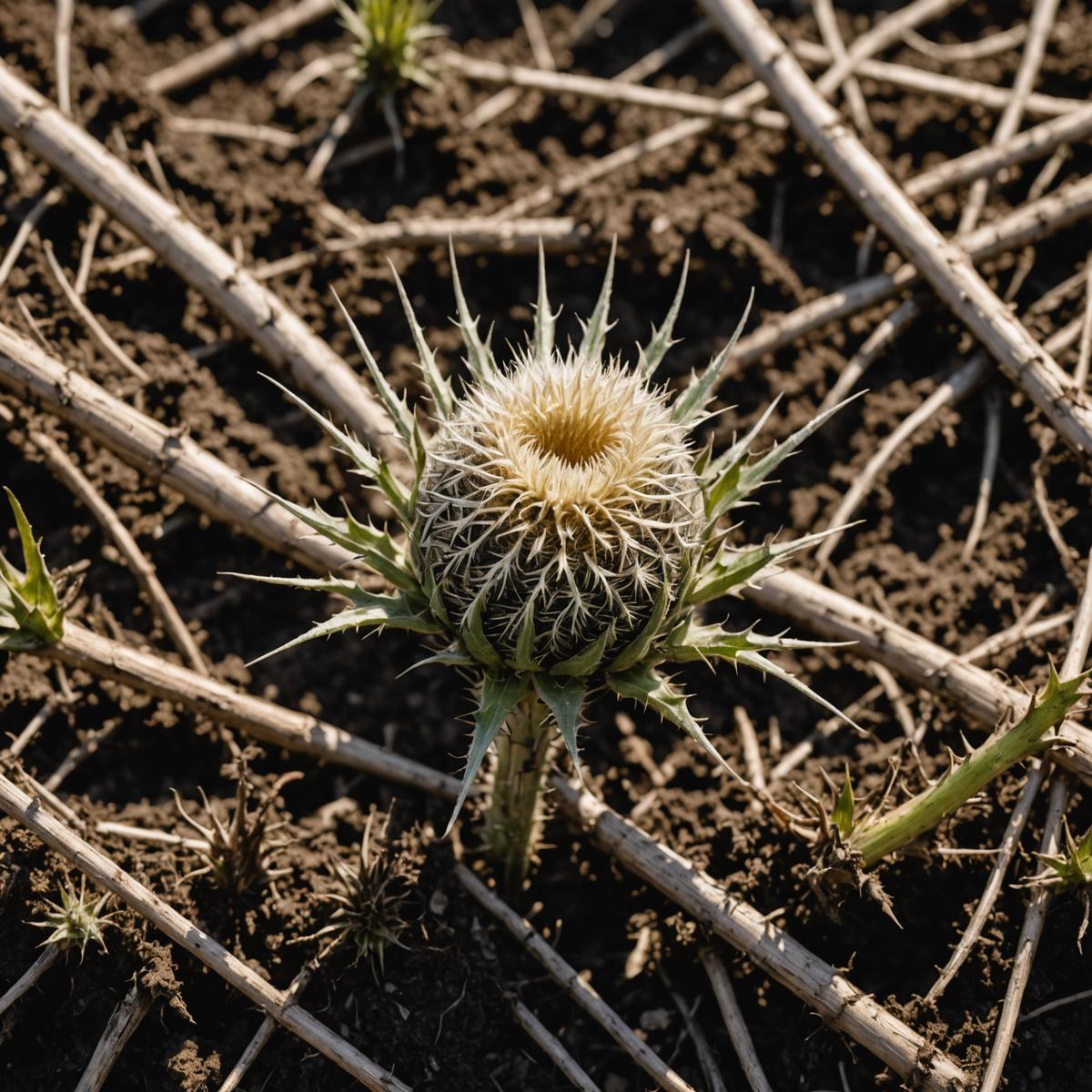 Thistle plant pulled from soil showing extensive white root network with broken fragments