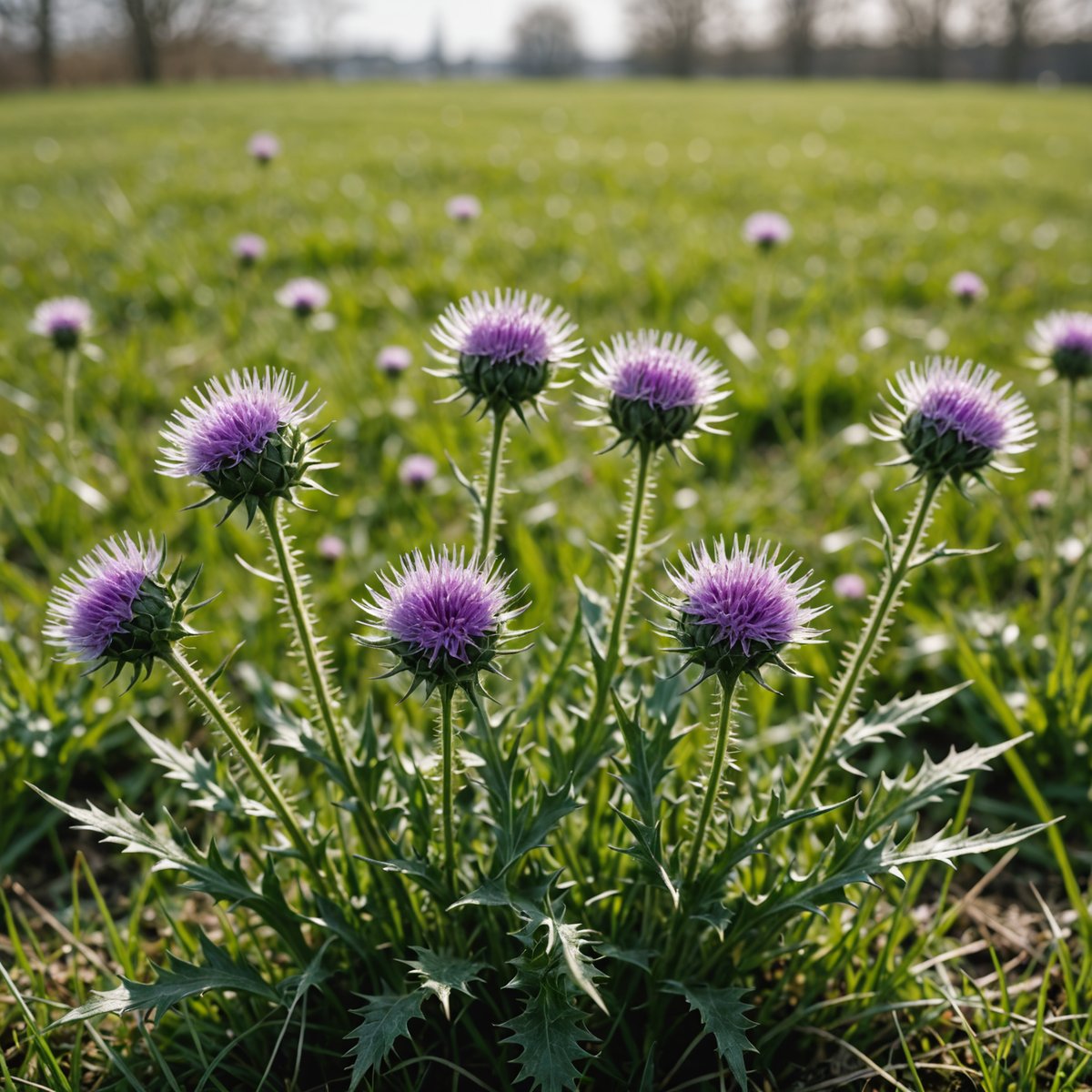 Young thistle rosettes about 15cm tall growing in lawn grass before flowering