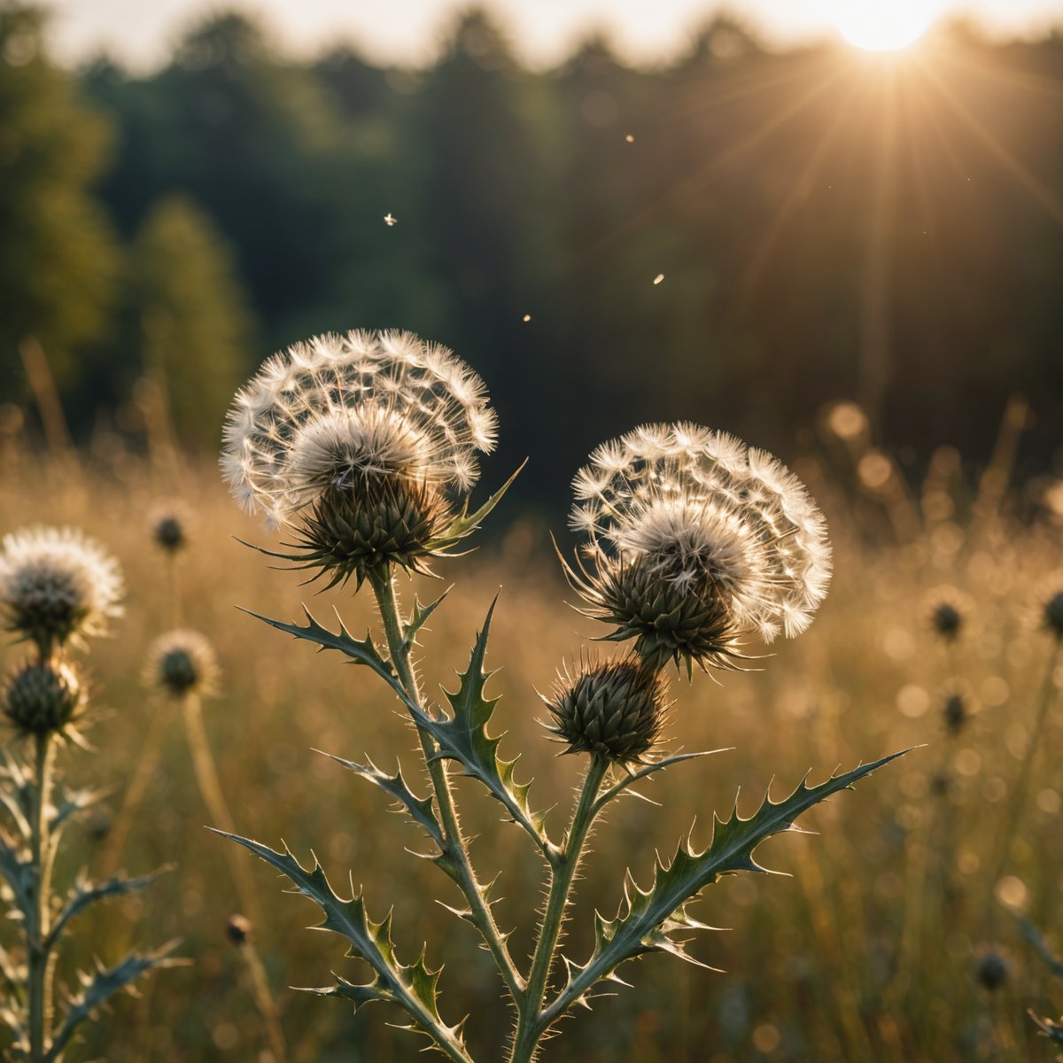 Thistle seed head releasing fluffy white seeds into the air