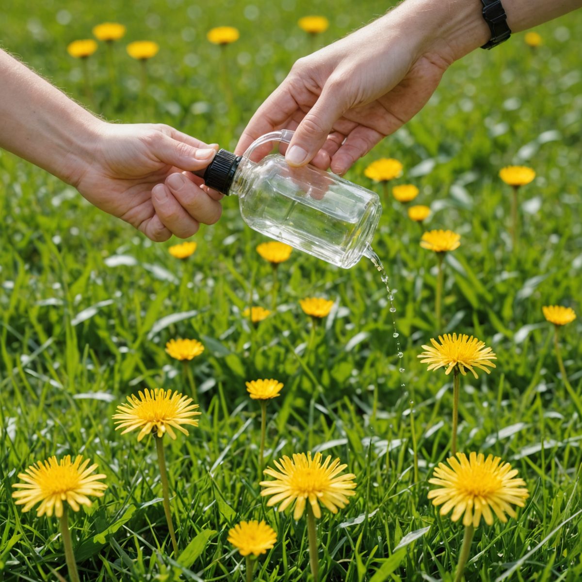 Spraying vinegar on dandelion