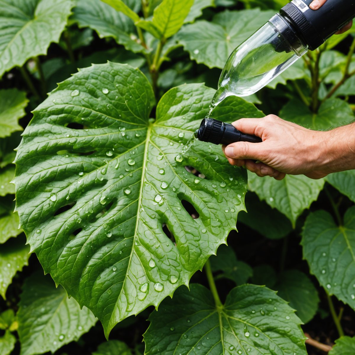 Spraying vinegar on dock leaves