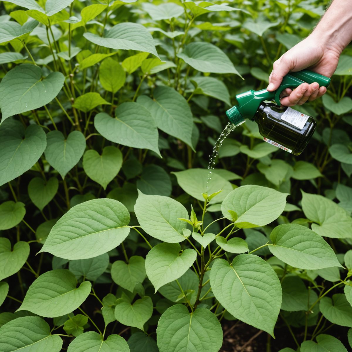 Spraying vinegar on knotweed leaves