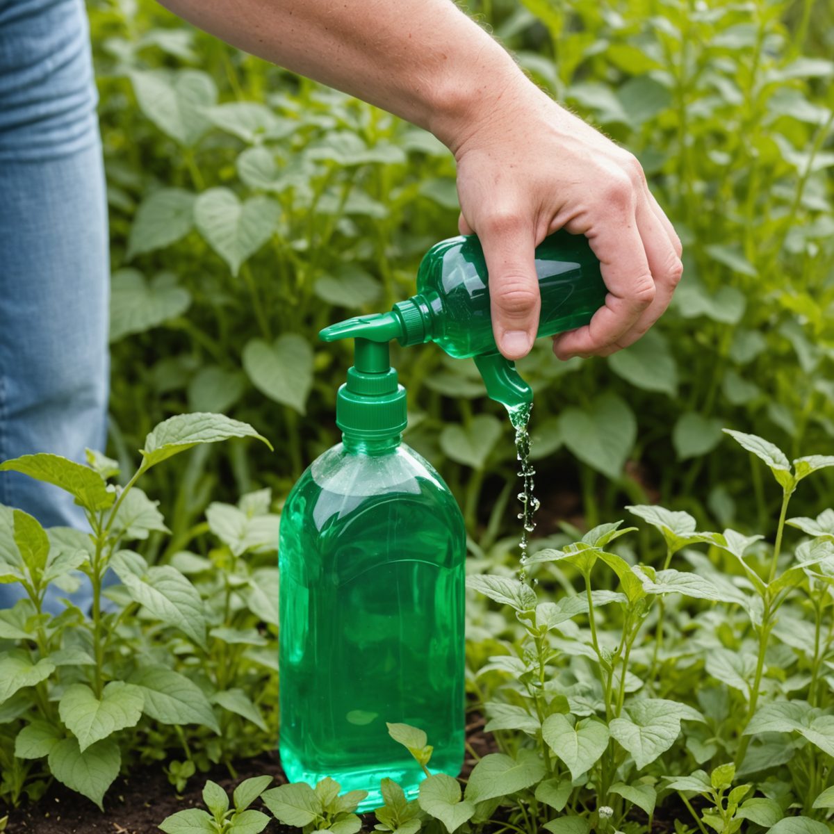 Applying washing up liquid to weeds