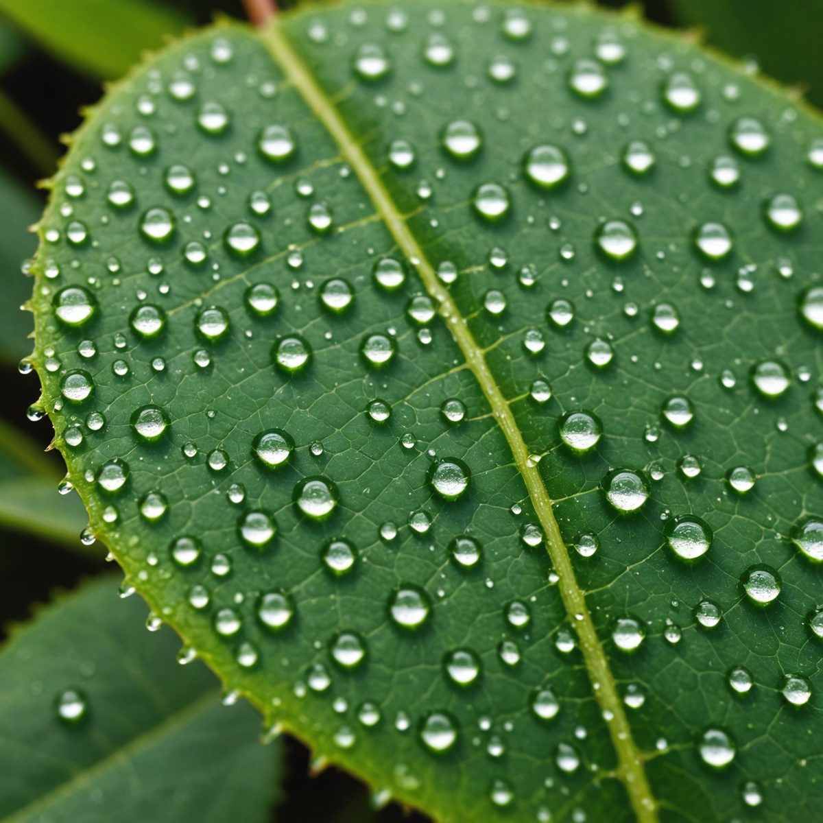 Water droplets beading on waxy leaf