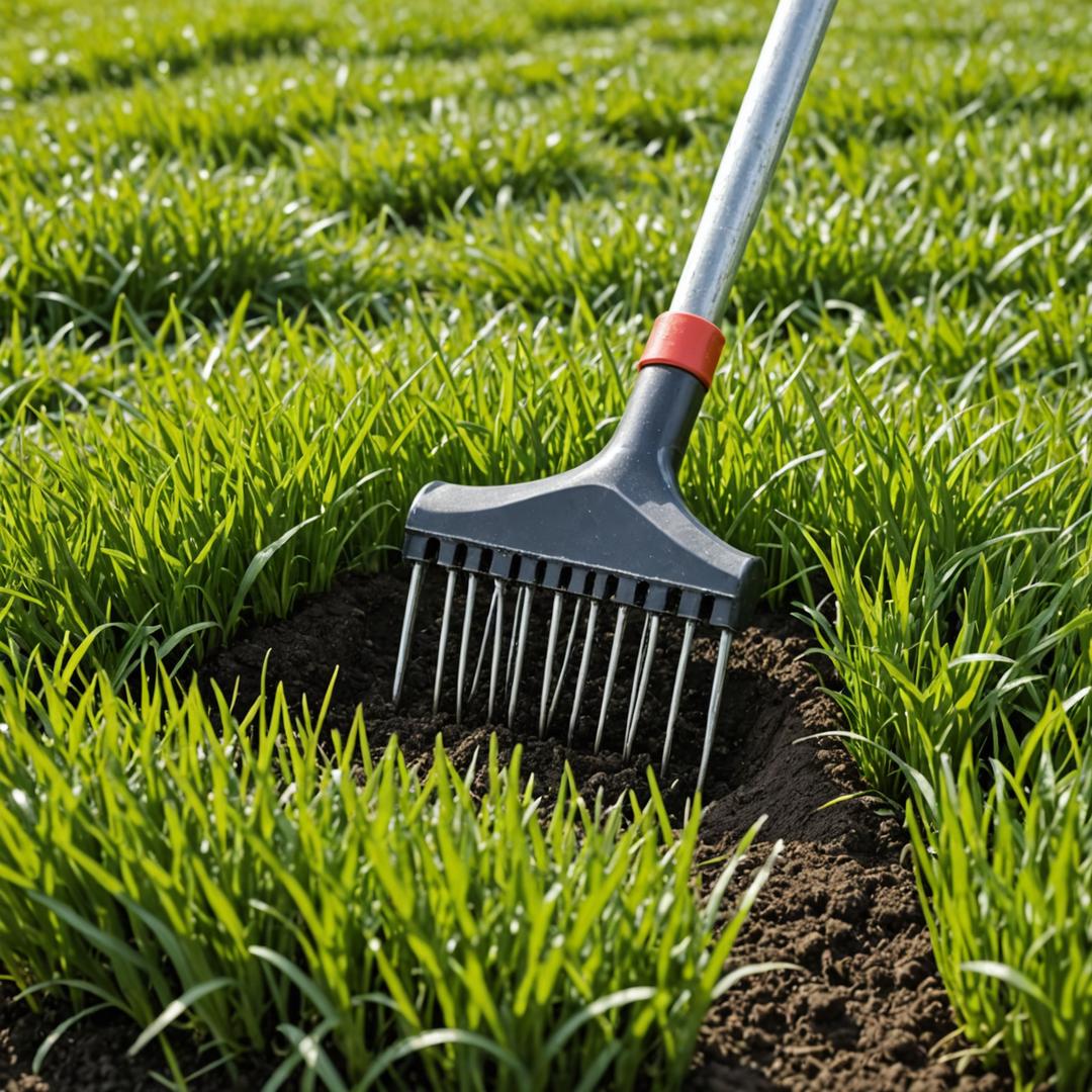 Hollow tine aerator creating drainage holes in lawn