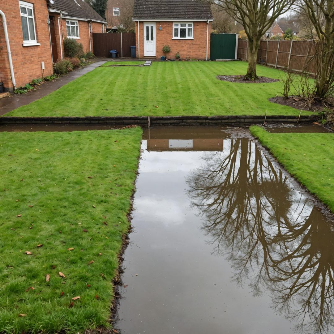 Waterlogged lawn with standing water after rain