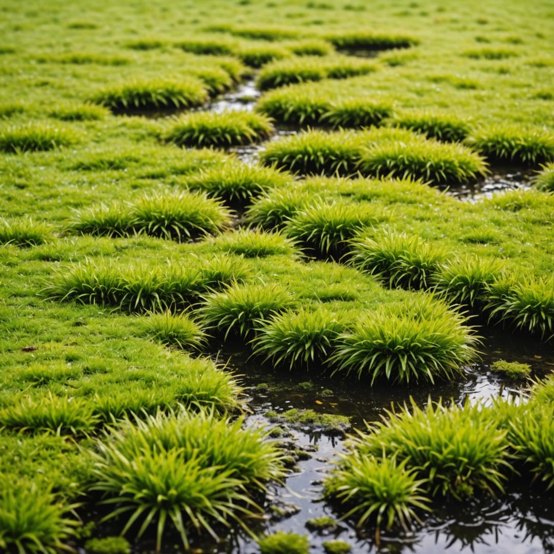 Waterlogged lawn with moss growth and yellow grass