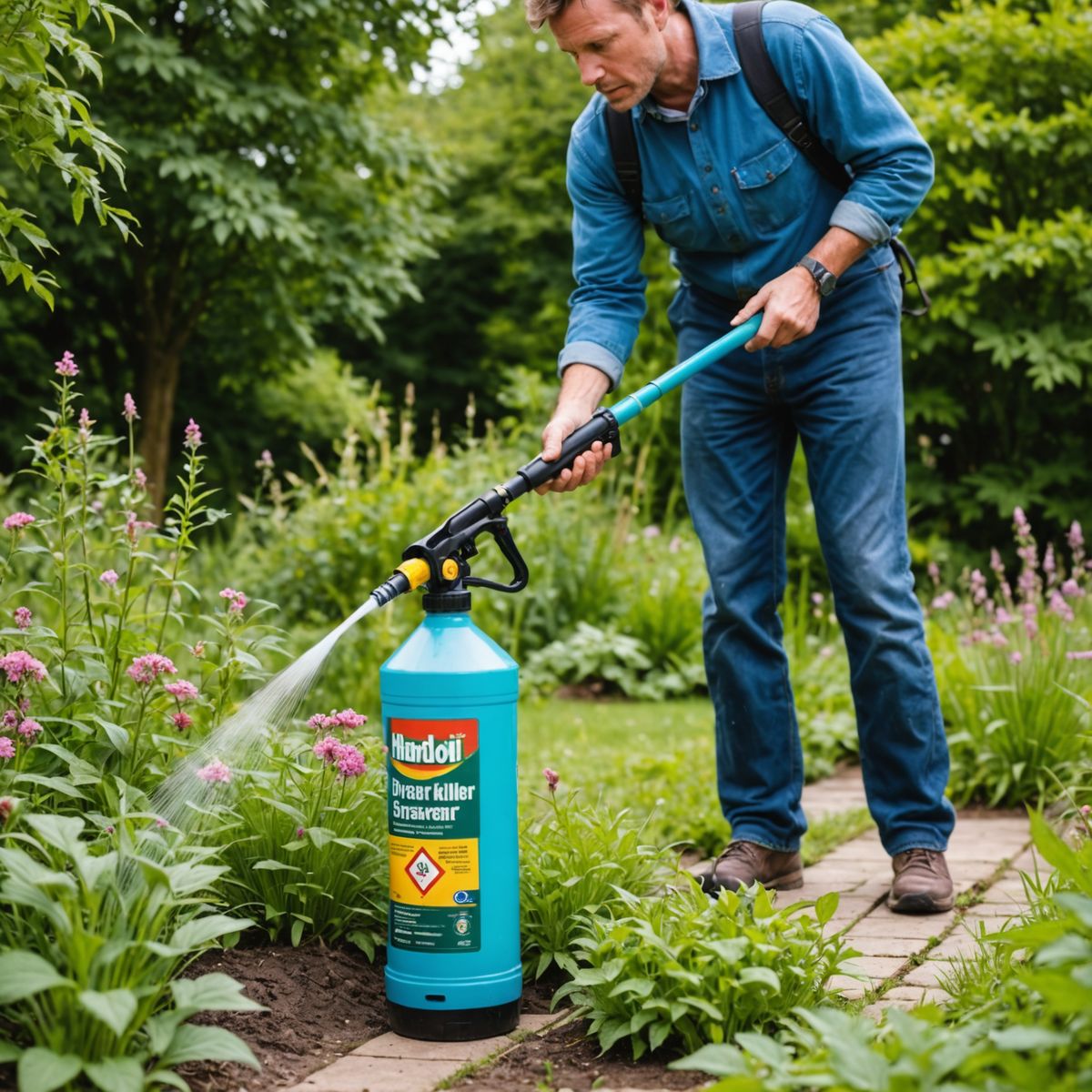 Applying weedkiller to garden weeds