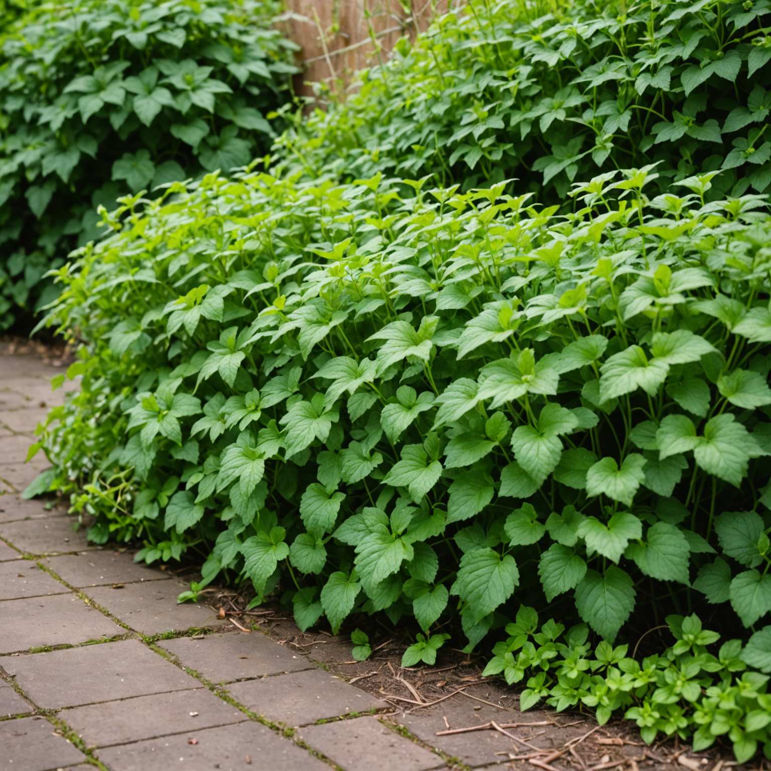 Weeds growing under hedge
