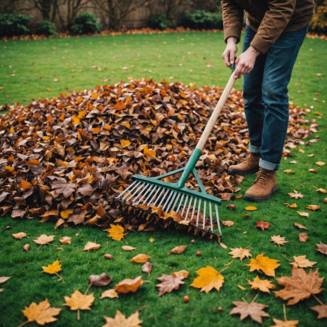 Raking fallen leaves from lawn in winter