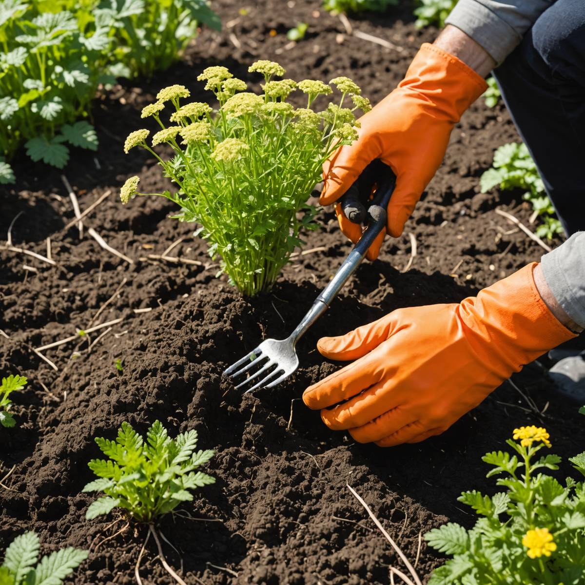 Digging out yarrow weed with garden fork