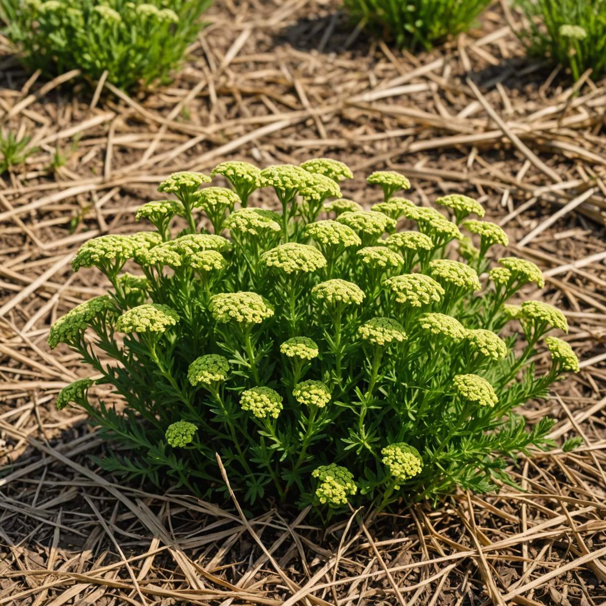 Yarrow staying green in drought-stressed brown lawn