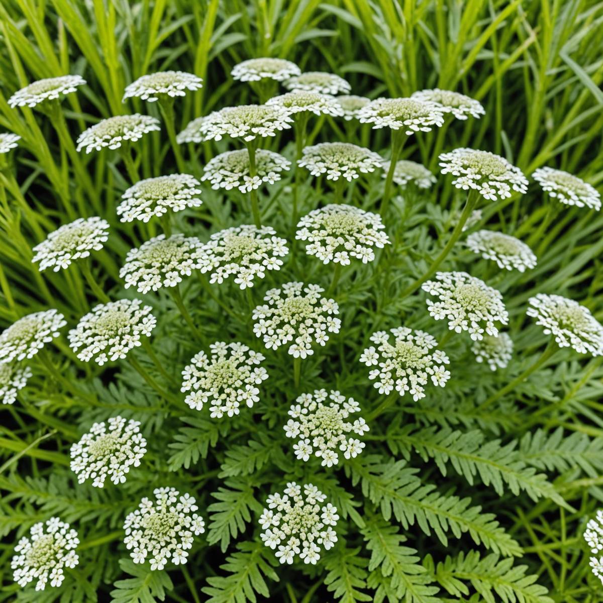 Yarrow weed with feathery fern-like leaves growing in lawn