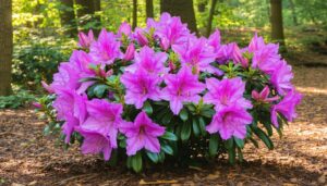 Rhododendron in bloom with pine bark mulch at its base