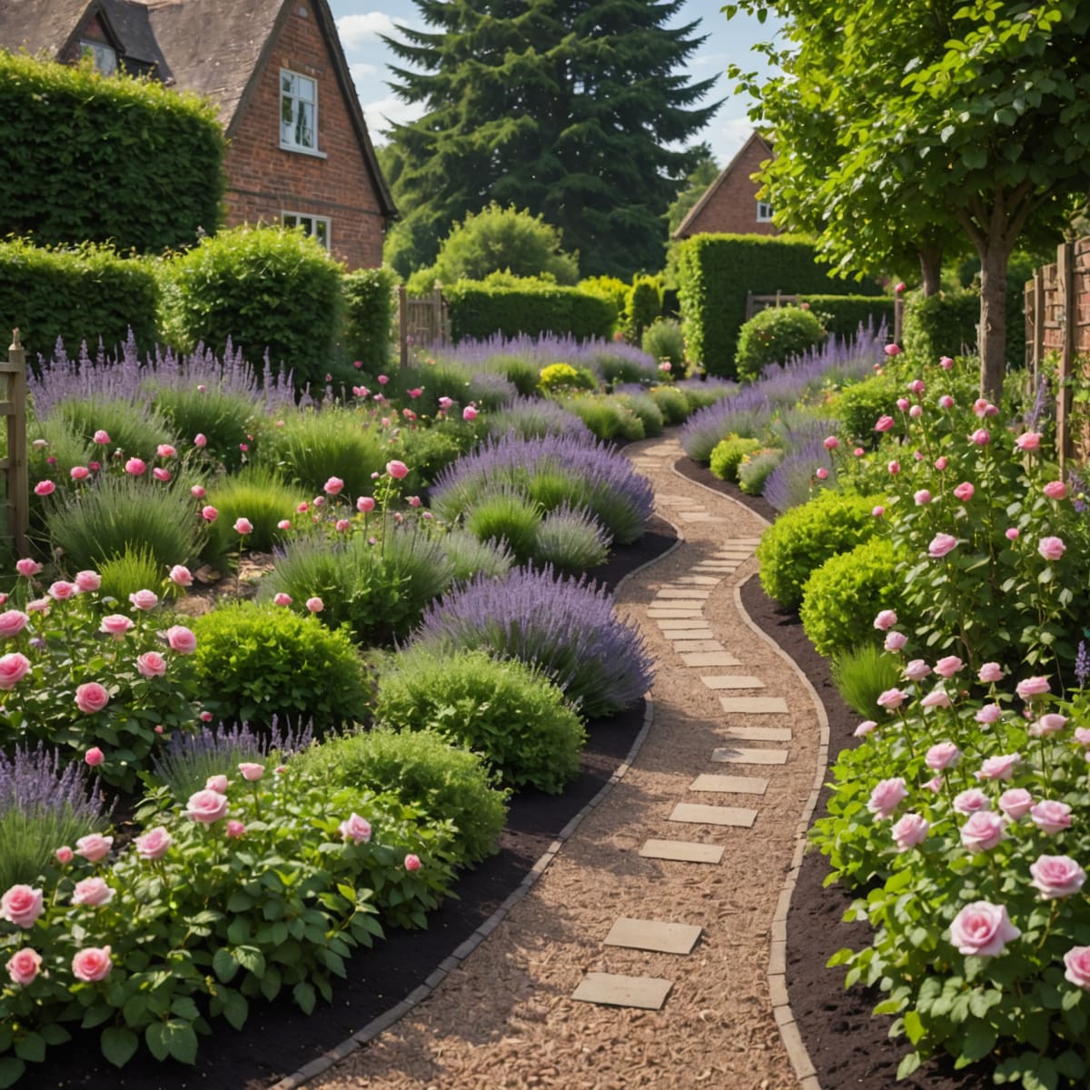 Beautiful mulched garden border in a British cottage garden