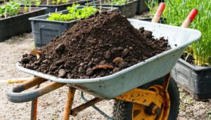 Wheelbarrow of spent mushroom compost in an allotment garden