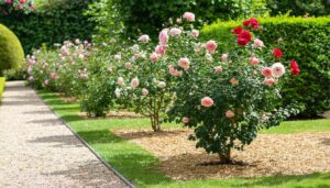 English rose garden with bark mulch between flowering rose bushes