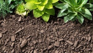 Brown rubber mulch chips spread around plants in a garden border