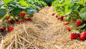 Golden straw mulch between rows of strawberry plants